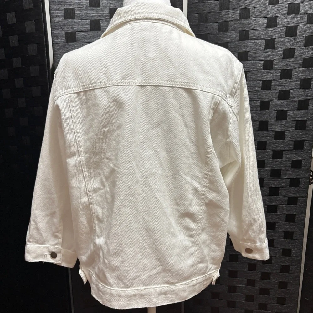 White Denim Jacket Womens L 3/4 Sleeve Y2K Preppy Trucker‎ - Picture 5 of 9
